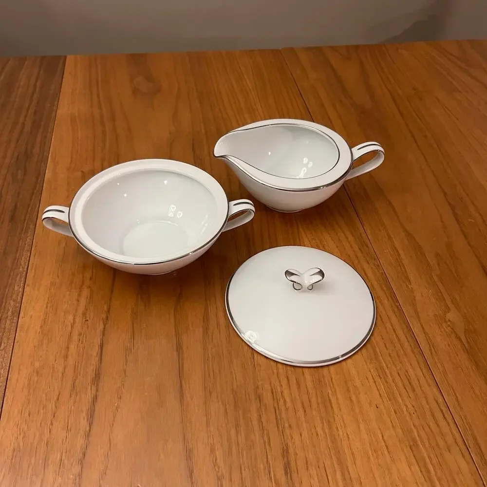 Noritake Cream Sugar Bowl With Lid White Silver China Serving